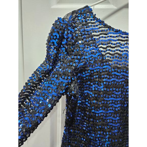 Vintage Cachet Bari Protas Sequin Black Blue Prom Dress Size 13 14 Drop Waist - Picture 3 of 13
